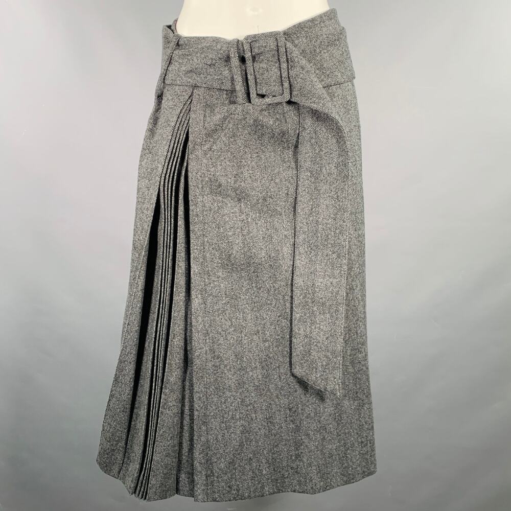 ROKH Size 4 Grey Wool Herringbone Belted A-Line Skirt